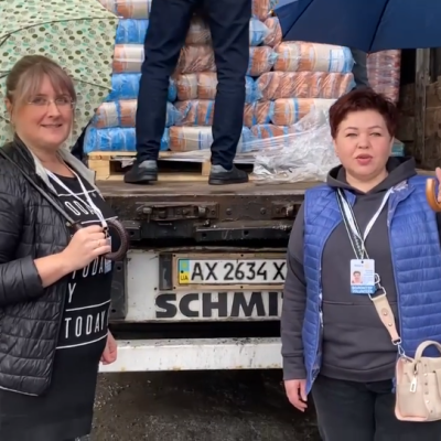 Even in rainy weather, we unload humanitarian aid!